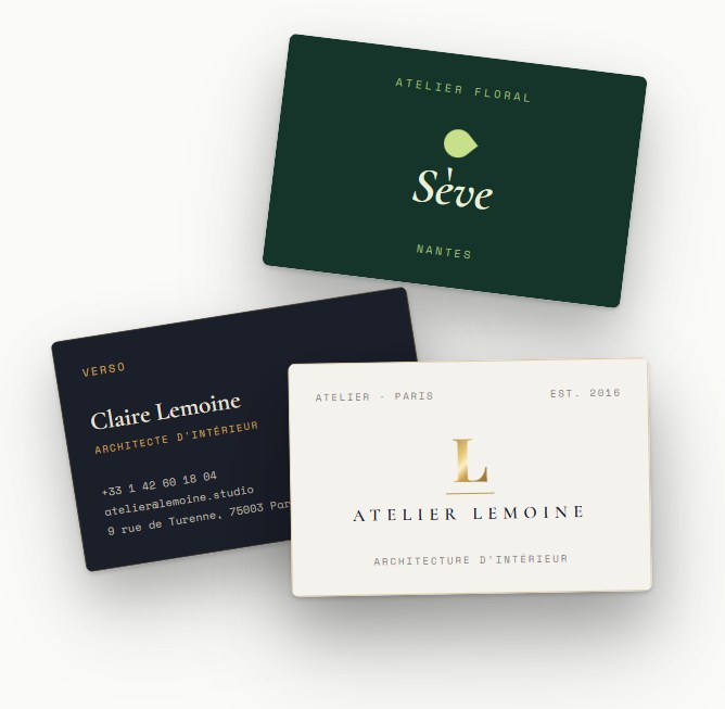 Exemples de cartes de visite recto-verso sur-mesure créées par Matéo Colpin