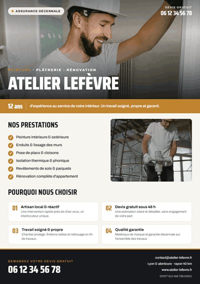 Flyer d'artisan peintre Atelier Lefèvre, prestations de peinture et rénovation