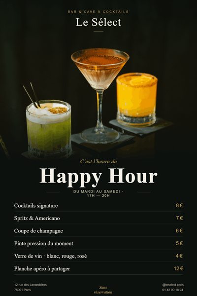 Flyer de happy hour du bar Le Sélect avec carte des cocktails