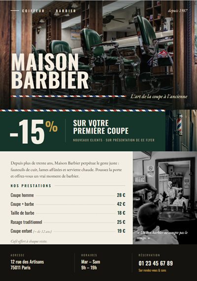 Flyer de salon de coiffure et barbier Maison Barbier avec tarifs des prestations