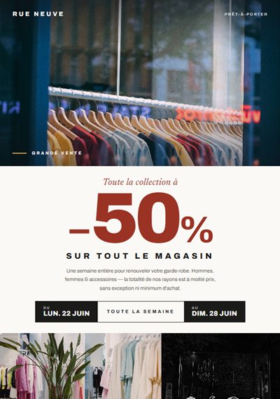 Flyer de soldes -50 % pour la boutique de prêt-à-porter Rue Neuve