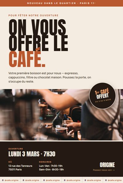 Flyer d'ouverture du café Origine, premier café offert au quartier