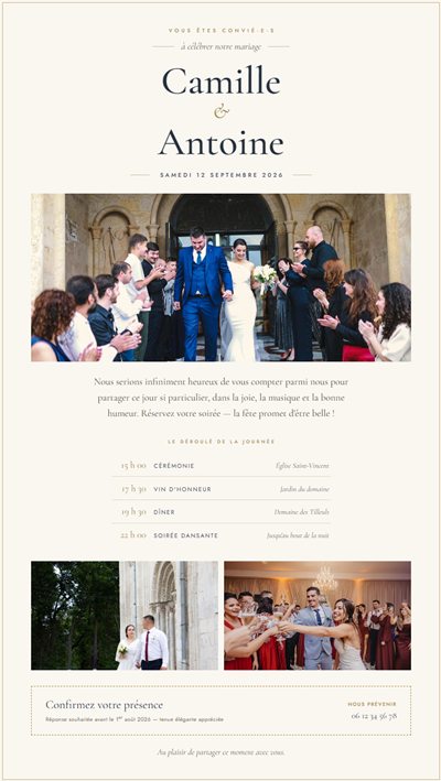 Faire-part de mariage élégant de Camille et Antoine avec le déroulé de la journée