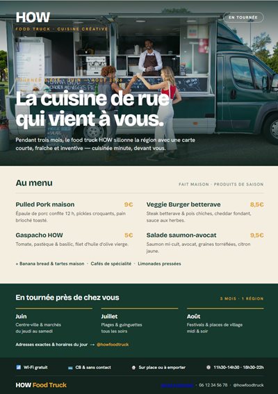 Flyer de food truck HOW avec menu de cuisine de rue et tournée des emplacements