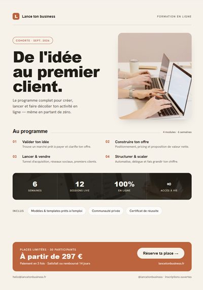 Flyer de formation en ligne Lance ton business, programme pour entrepreneurs