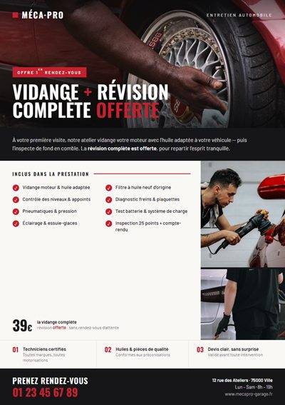 Flyer de garage automobile Méca-Pro avec offre vidange et révision