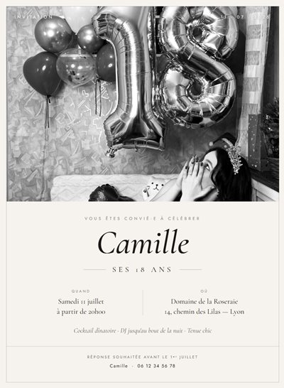 Invitation des 18 ans de Camille avec ballons argentés, format anniversaire festif