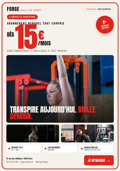Flyer de salle de sport Forge avec offre d'abonnement à 15 € par mois