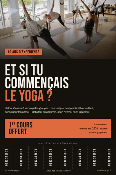Flyer de cours de yoga Camille avec premier cours offert